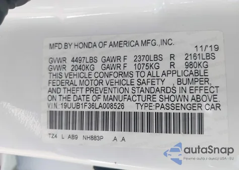 2020 Acura Tlx Standard from USA, damaged, VIN 19UUB1F36LA008526
